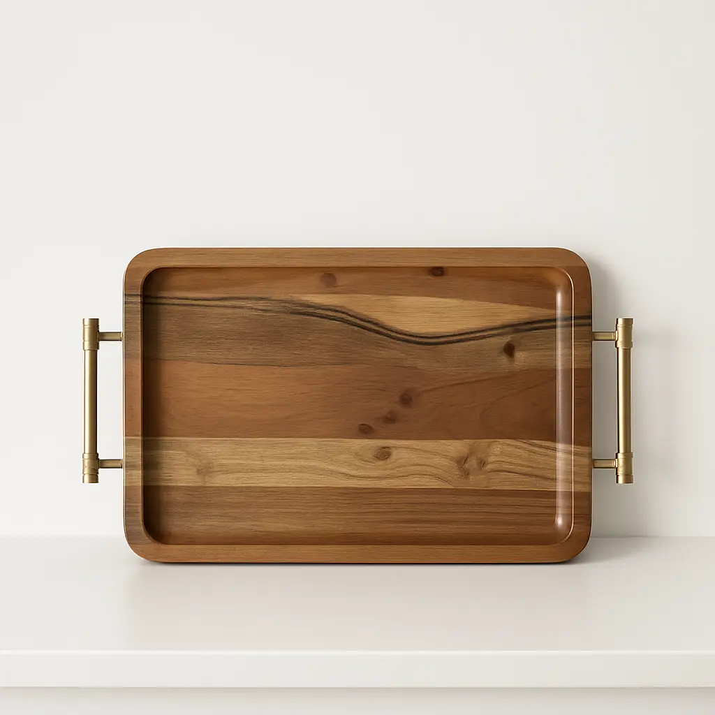 Wooden Serving Tray with Brass Handles